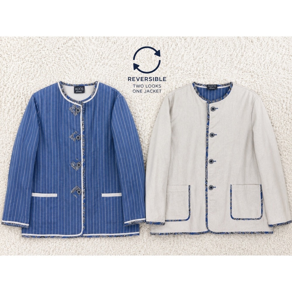 Koos of Course Reversible Jacket Women Large Blue Beige Linen Blend Excellent